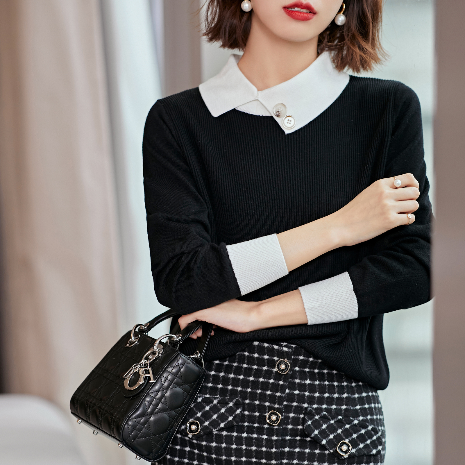 FENPERATE 2022 autumn and winter temperament black lapel design straight commuter Nuo wool fake two-piece sweater