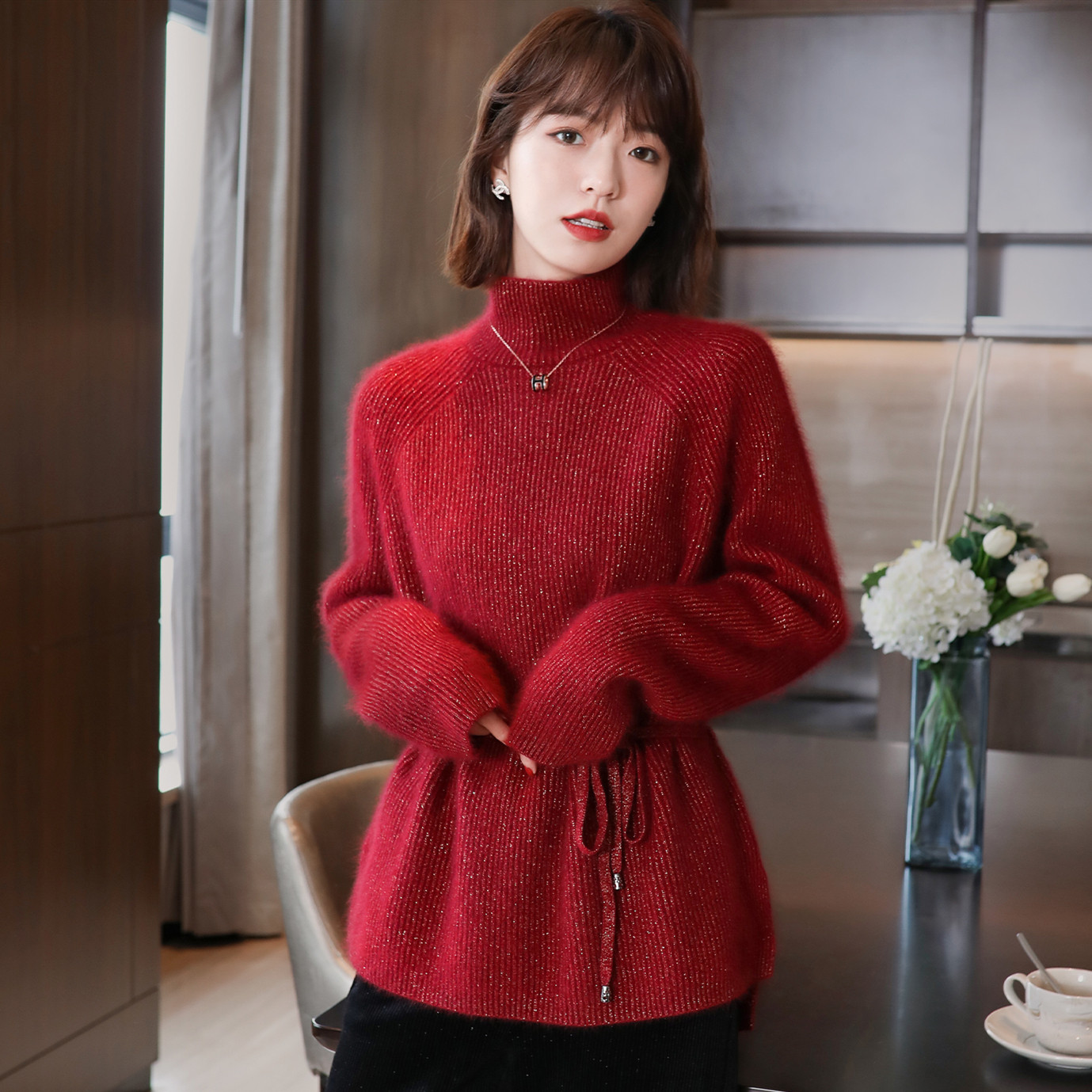 FENPERATE 2021 Autumn Winter Golden Silk Line Lazy Wind high collar Loose Warm Irregular Lacing Sweater Woman