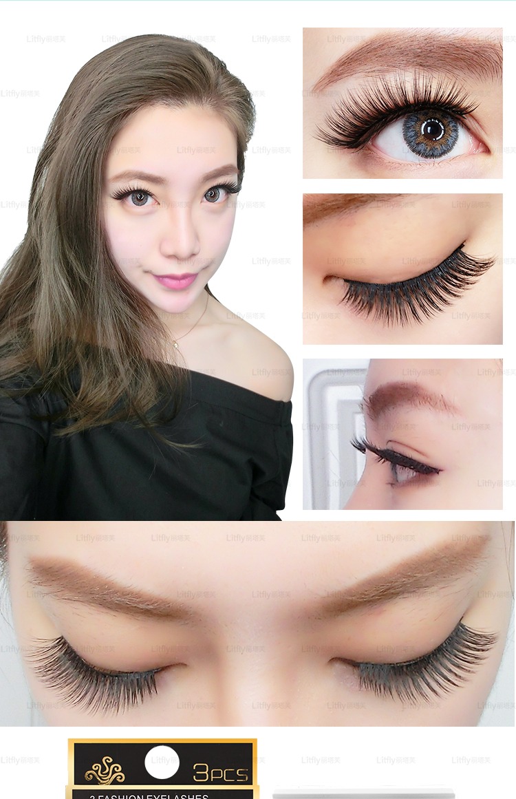 Litfly Ritafu 3D Lông mi giả 701 Trang điểm tự nhiên dài màu nude Làm bằng tay trên thân lông mi 3 cặp - Lông mi giả mi giả 5d