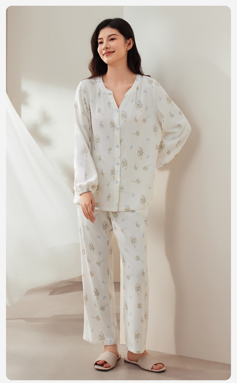 October Crystal Bamboo Cotton Cloud Gauze Maternity Pajamas Homewear Set for Pregnant and Postpartum Women, Nursing Sleepwear, Autumn Style for Women — 35