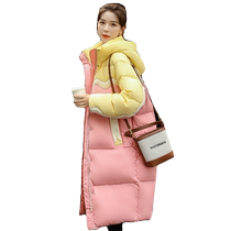 Duck down jacket womens long 2024 new thickened hooded color-blocked duck down thermal jacket C