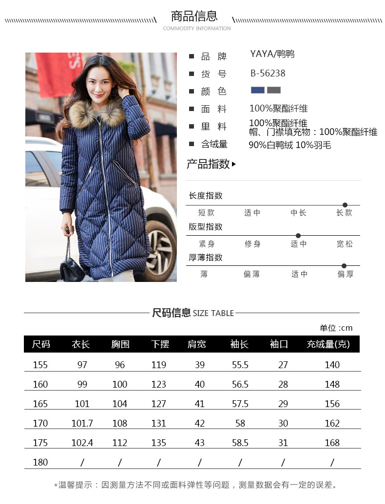 鸭鸭 女款 时尚条纹 貉毛大领 90白鸭绒羽绒服 图7