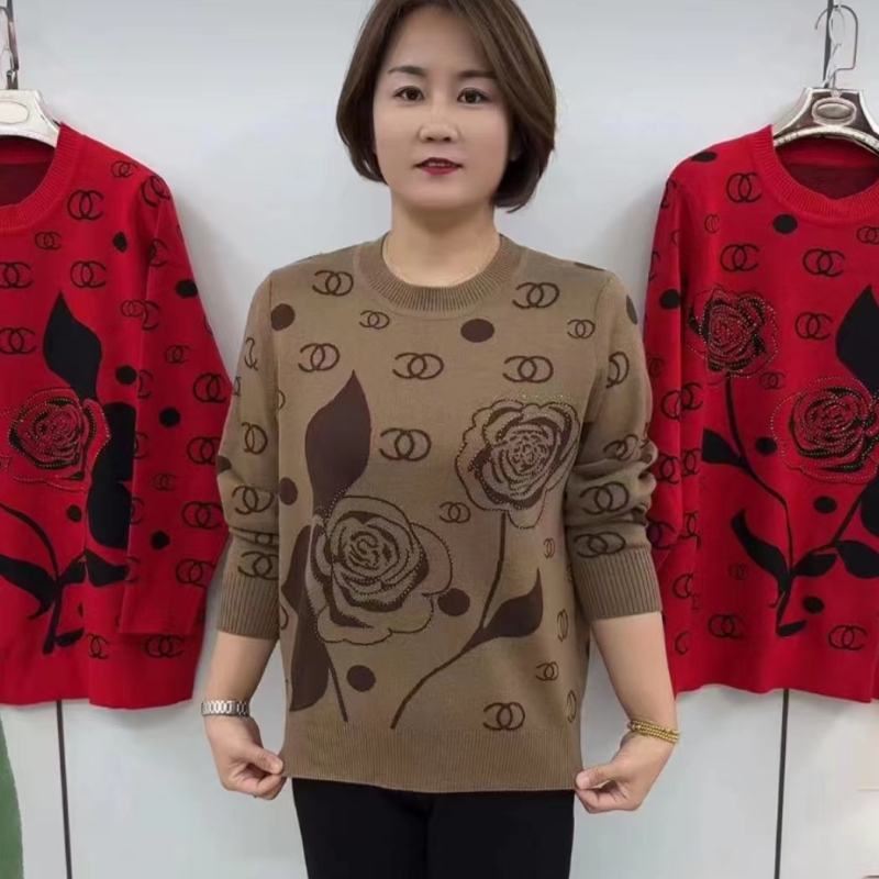 Sweater for Autumn and Winter, New Style for Women, Rose Flower Knit Base Shirt, Stylish and Versatile, Fashionable Women's Top for Middle-Aged and Elderly