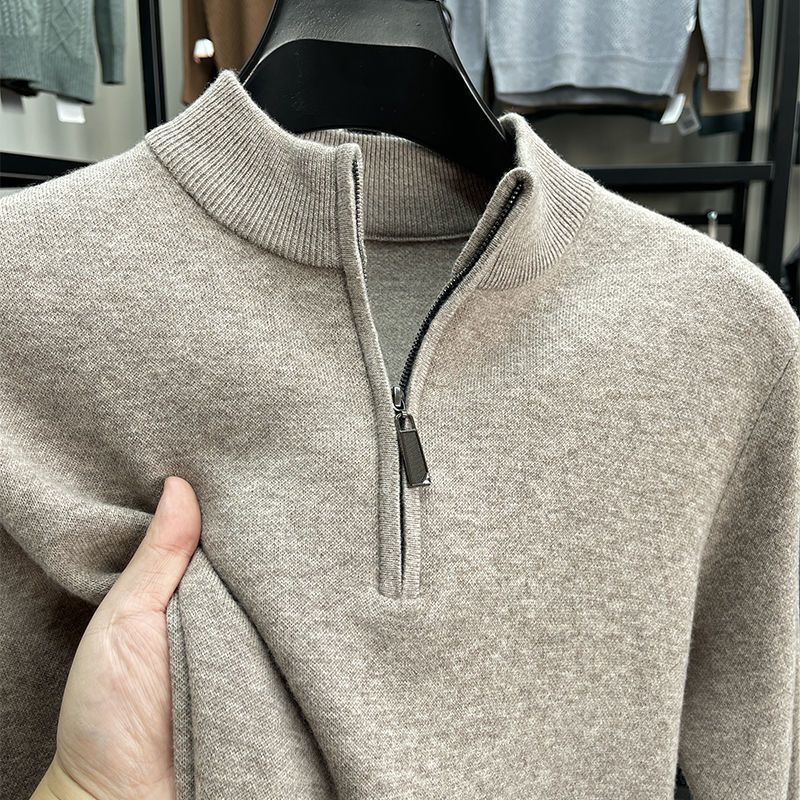 High-End Men's Sweater with Half-High Collar and Zipper, Thickened and Warm for Winter, Solid Color Knit Top, Base Layer Shirt High-End Men's Sweater with Half-High Collar and Zipper, Thickened and Warm for Winter, Solid Color Knit Top, Base Layer Shirt