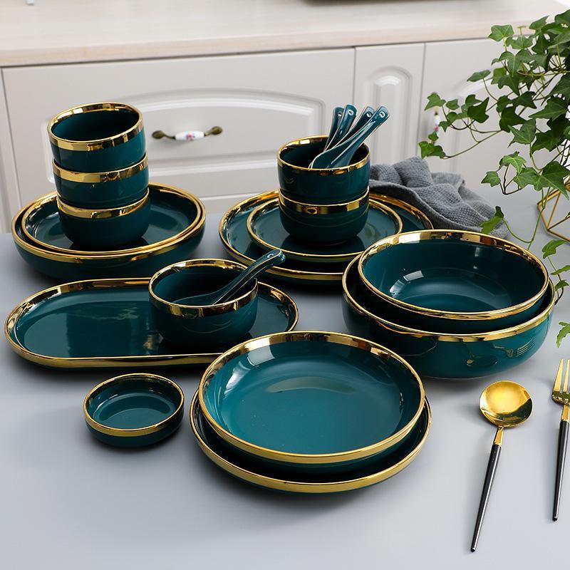 Nordic Light Luxury Gold-Rimmed Ceramic Dark Green Tableware Color Glaze Creative Plates Household Small Plates Rice Soup Noodle Bowl and Plate Set