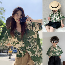 Beach parent-child clothing shirts beach vacation family of three and four shirts retro Hong Kong style mother-child clothing shirts loose