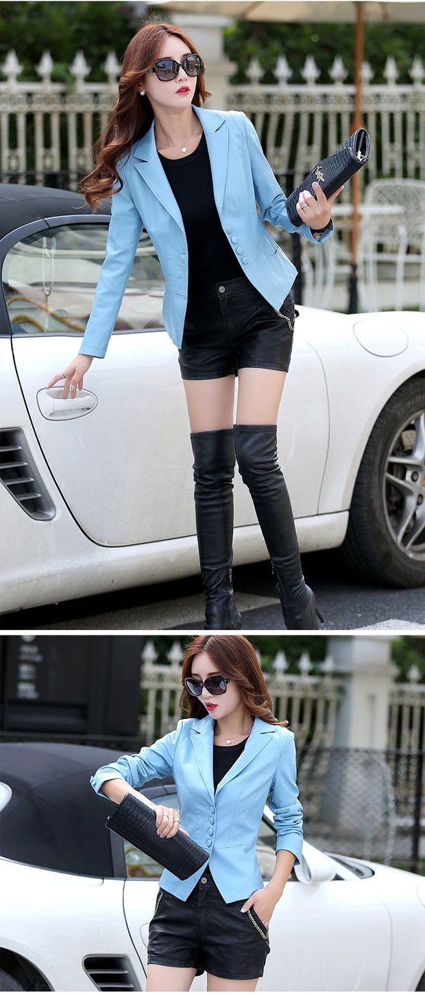 Xuân 2018 mới áo khoác da dài tay áo khoác da nữ ngắn tay áo khoác da ngắn phù hợp với áo khoác nữ blazer da