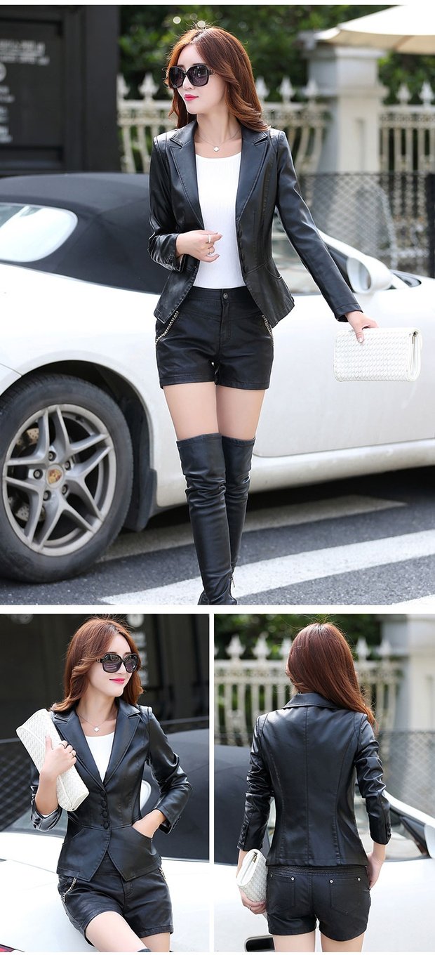 Xuân 2018 mới áo khoác da dài tay áo khoác da nữ ngắn tay áo khoác da ngắn phù hợp với áo khoác nữ blazer da