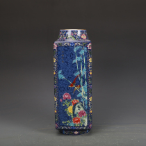 Qing Qianlong porcelain blue ground enamel color flower and bird pattern square bottle antique porcelain antique antique secondhand old goods collection