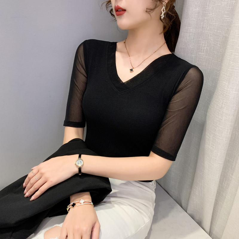 Mesh Solid Color V-Neck T-Shirt for Women, Mid-Sleeve, Spring and Autumn 2025 New Style, Slim-Fit Half-Sleeve Inner Layer, Stylish Top