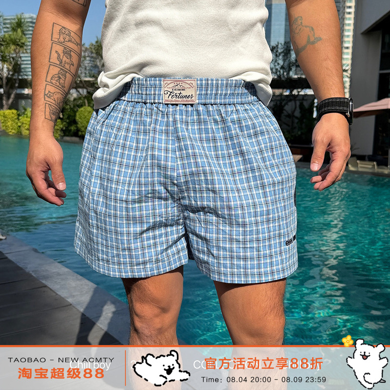 Chillboy Navy Plaid Sports Home Shorts for Men and Women, American Retro Plaid Loose Casual Beach Shorts