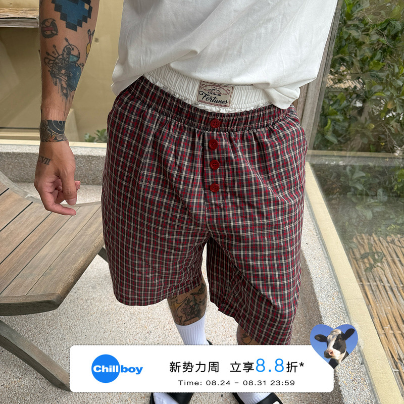 Chillboy Jagermeister Youth Simple Double Waistband Plaid Shorts Men's Summer Fake Two-Piece Loose Casual Pants Chillboy Jagermeister Youth Simple Double Waistband Plaid Shorts Men's Summer Fake Two-Piece Loose Casual Pants