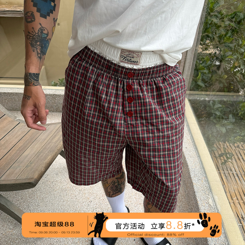 Chillboy Jagermeister Youth Simple Double Waistband Plaid Shorts Men's Summer Fake Two-Piece Loose Casual Pants Chillboy Jagermeister Youth Simple Double Waistband Plaid Shorts Men's Summer Fake Two-Piece Loose Casual Pants