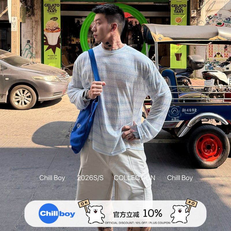 Chillboy Lazy Taliande Striped Long-Sleeved Men's Lightweight Breathable Sun Protection Loose Base Shirt Top Chillboy Lazy Taliande Striped Long-Sleeved Men's Lightweight Breathable Sun Protection Loose Base Shirt Top
