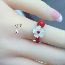 Original life year Shell carved red rope ring white shell cinnabar red rope adjustment ring