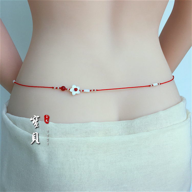 925 silver beaded shell carved red rope waist chain female style red belt fine sexy flourishing peach blossom to ward off evil waist rope