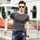 Mùa hè rắn rỏi nửa tay gà cổ áo chạm đáy áo sơ mi nam ngắn tay áo thun cổ chữ V bó sát cơ thể áo sơ mi cotton Hàn Quốc