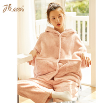 Top Guagua pajamas womens spring and autumn thickened warm home clothes suit soft plus velvet Korean version hooded can be worn outside women