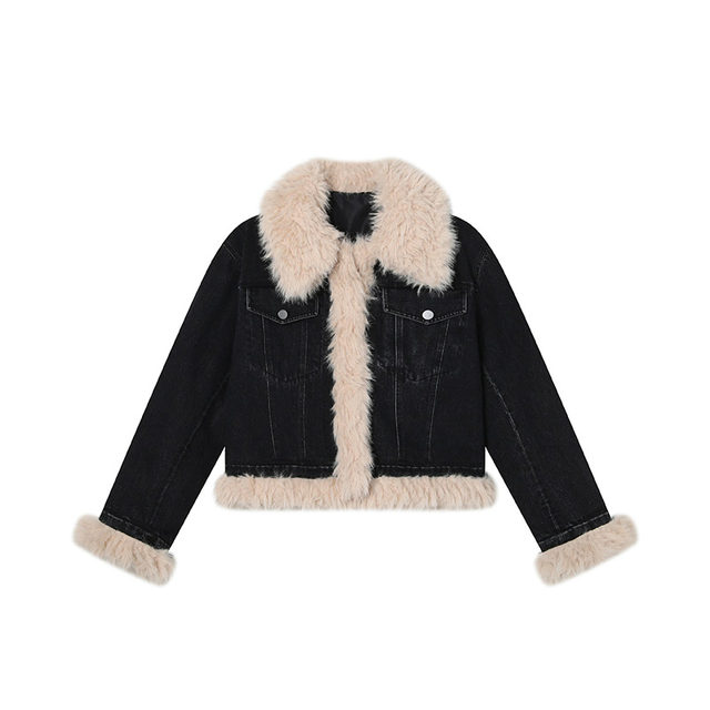 LesFortes/23AW original design fur collar contrasting color denim quilted jacket retro short autumn and winter cotton coat