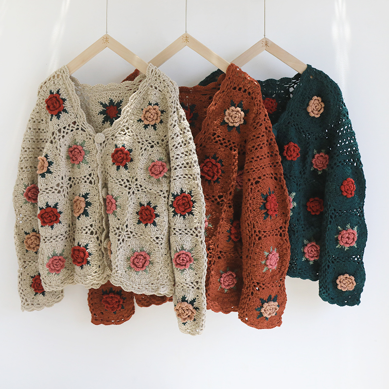 2025 New Bear Girl Mori-Style Artistic Retro Handmade Floral Loose Knit Cardigan for Women 20377