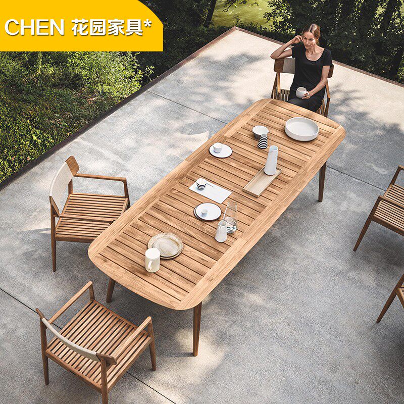 High-end outdoor tables and chairs villa courtyard anti-corrosion wood long dining table hotel outdoor leisure teak tables and chairs waterproof sunscreen