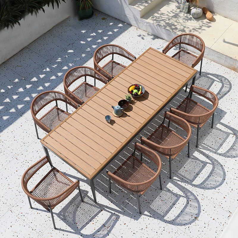 Outdoor table and chairs Courtyard Plastic Wood Long Table Rattan Chairs Combined Villa Garden Outdoor Hotel Terrace Casual Rattan table and chairs