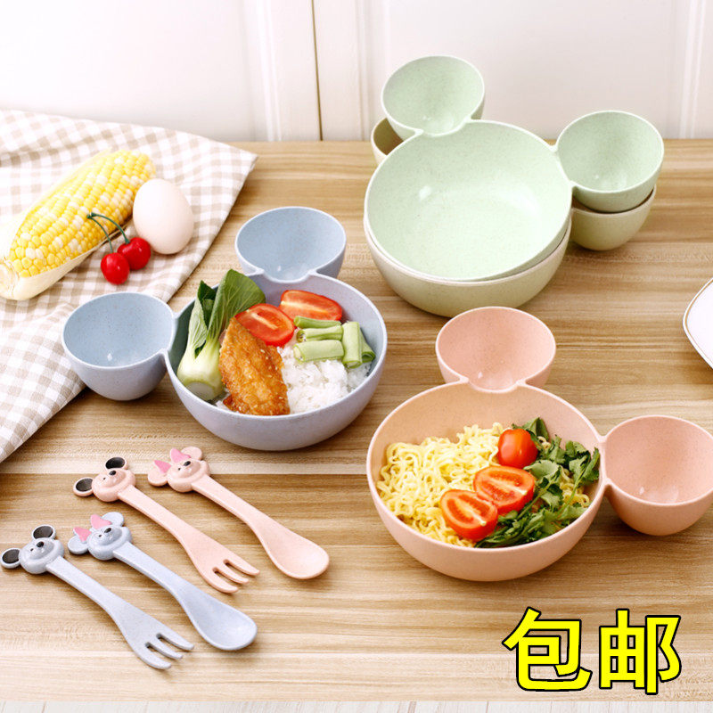 Children's Bowl Anti-fall Anti-scalding Creative Cute Cartoon Baby Mickey Bowl Single Eating Bowl Spoon Tableware Set Household