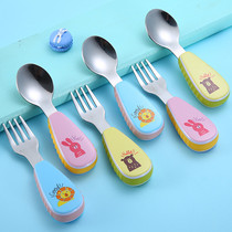 Baby Boy Fork Spoon Short Handle Suit Baby Coeater Dinner Training Spoon Short Pass 304 Stainless Steel Cartoon