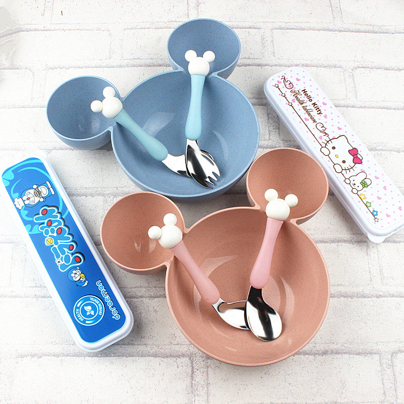 Children's tableware elbow spoon fork set supplementary food cartoon crooked spoon baby learning to eat training Mickey spoon