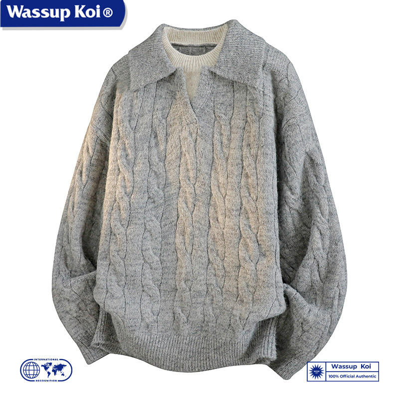 WASSUP KOI联名秋冬麻花复古翻领纹理慵懒毛衣宽松套头针织衫外套