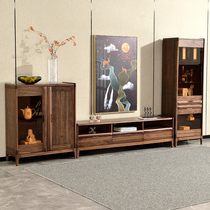 Black gold wood high and low wine cabinet TV cabinet combination simple all solid wood floor cabinet locker new Chinese style glass display cabinet