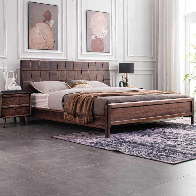 Light luxury ebony wood full solid wood bed 18m log double bed simple modern Nordic master bedroom wedding bed furniture