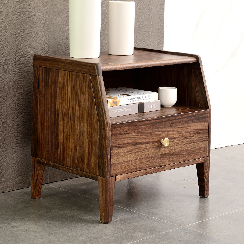 Nordic black gold wood bedside table all solid wood bedroom storage cabinet simple Italian storage small cabinet light luxury bedside cabinet