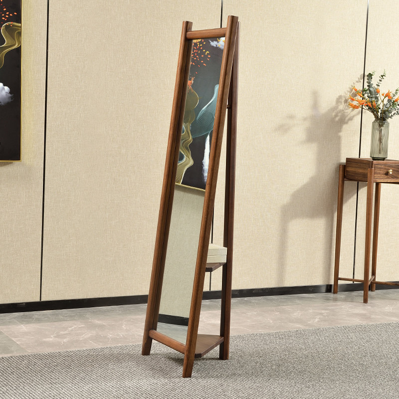 Simple modern bedroom full-length mirror Nordic solid wood floor-to-ceiling full-length mirror home full-length mirror black gold wood coat rack