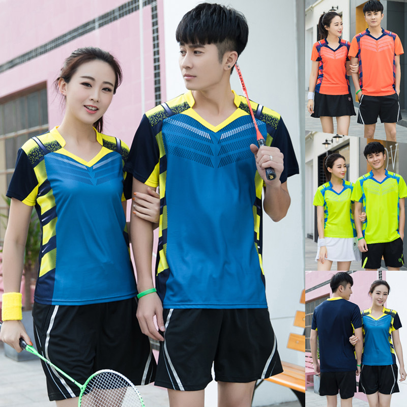 Quick-drying air exhaust net table tennis badminton suit suit men's and women's sports short-sleeved V-neck training ball clothes group purchase customization