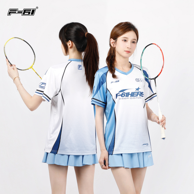 F61 New Blue and White Striped Badminton Clothing for Men and Women, Summer 150g Quick-Drying Sports Mesh Fabric Short-Sleeved T-Shirt