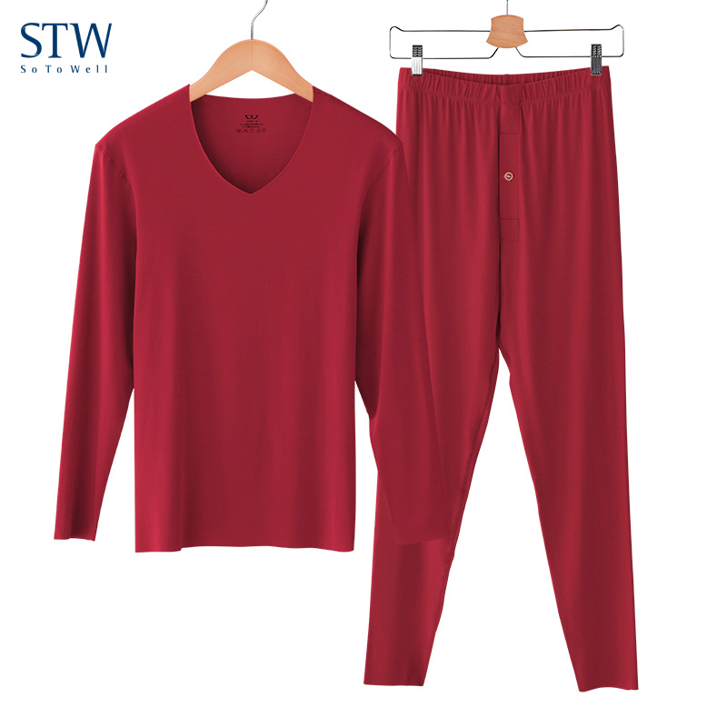 STW hot coat men's big red cotton sweater this year Modale V collar close autumn clothes sanitary pants set Y