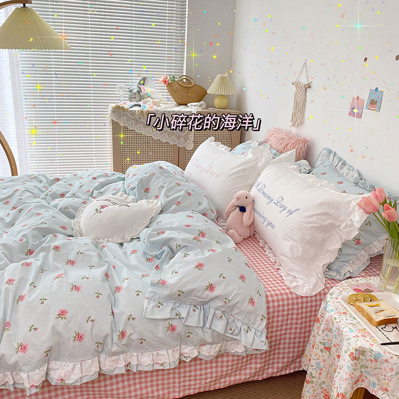 Knock on gentle and gentle Rose Flowers ~ Ins Girl Hearts Four Pieces of Lotus Leaf Side Full Cotton Pure Cotton Crushed Flower Plaid Bed Bedding