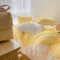 Pleasing) fairy cream yellow full cotton color weave washed cotton four pieces pure cotton male main wind girl heart 1 5 1 8 bed