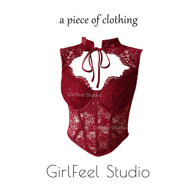 Burgundy Hot Girl New Chinese Style Halter Lace Vest for Women, Pure and Sexy See-Through Mesh Fishbone Short Top