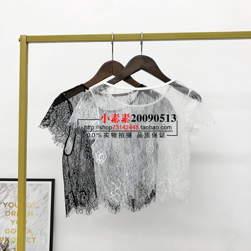 Summer New Style Short-Sleeved Lace Shirt, Round Neck, Versatile Bottoming Shirt, See-Through Top, Short Style for Women