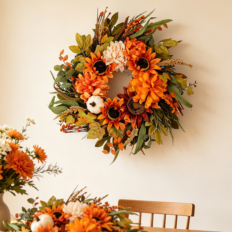 Autumn Sunflower and Pumpkin Artificial Wreath Harvest Festival Thanksgiving Door Hanging American Farmhouse Front Door Decoration Wall Hanging