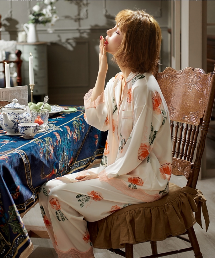 Japan Gp Pyjamas Women's Spring Autumn Ice Silk Summer Thin sexy online red printed home clothes