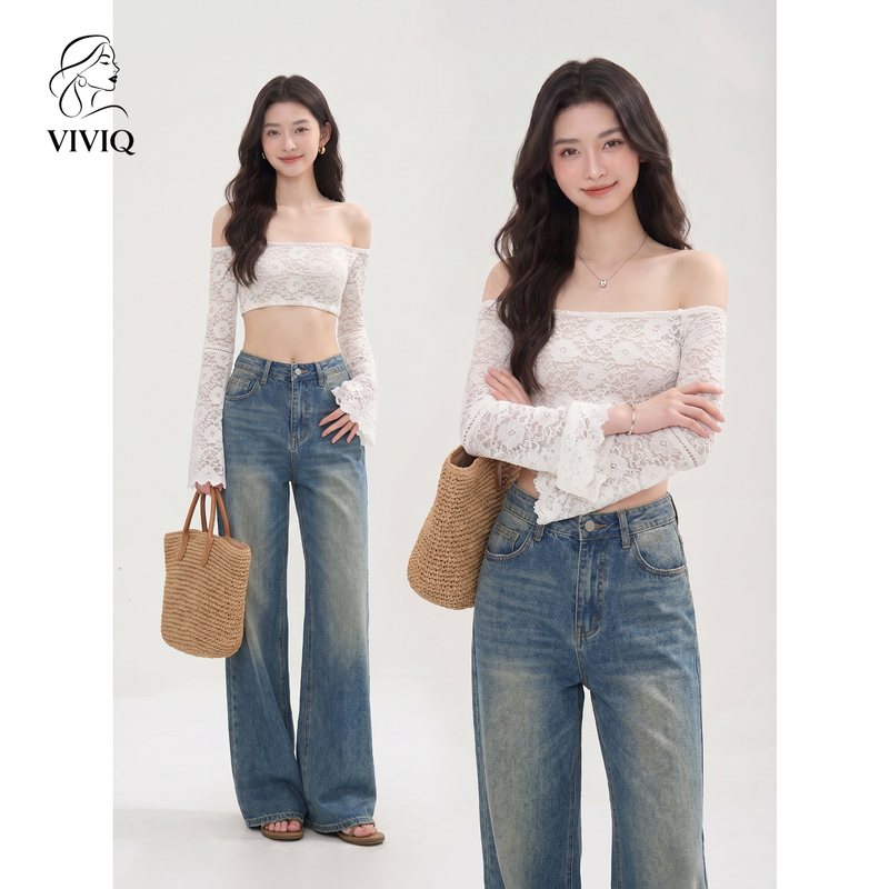 Purely Sexy Outfit, One-Shoulder Flared Long-Sleeved Lace Shirt for Women, New Summer Style, Sexy Navel-Baring Ultra-Short Hot Girl Top