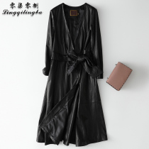 Zero 2021 spring new Haining leather leather women long lace slim V collar sheepskin coat K