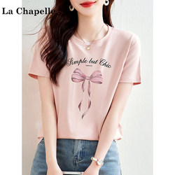 La Chapelle Pure Cotton Regular Shoulder Short-Sleeve T-Shirt for Women 2025 New Summer Round Neck Loose Bow Print Top
