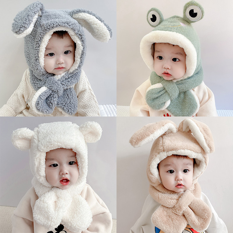 Baby hat scarf integrated autumn and winter plush baby face pad ear protector hat cute super cute boy and girl