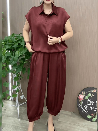 冰丝缎面套装薄款时尚妈妈装2024夏季新款宽松遮肉哈伦裤两件套女