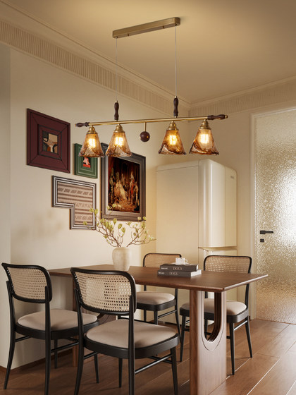 2026 New Model Nordic French Style Nanyang Style Living Room and Bedroom Solid Wood Eye-Protection Pendant Light with Amber Glass Lampshade