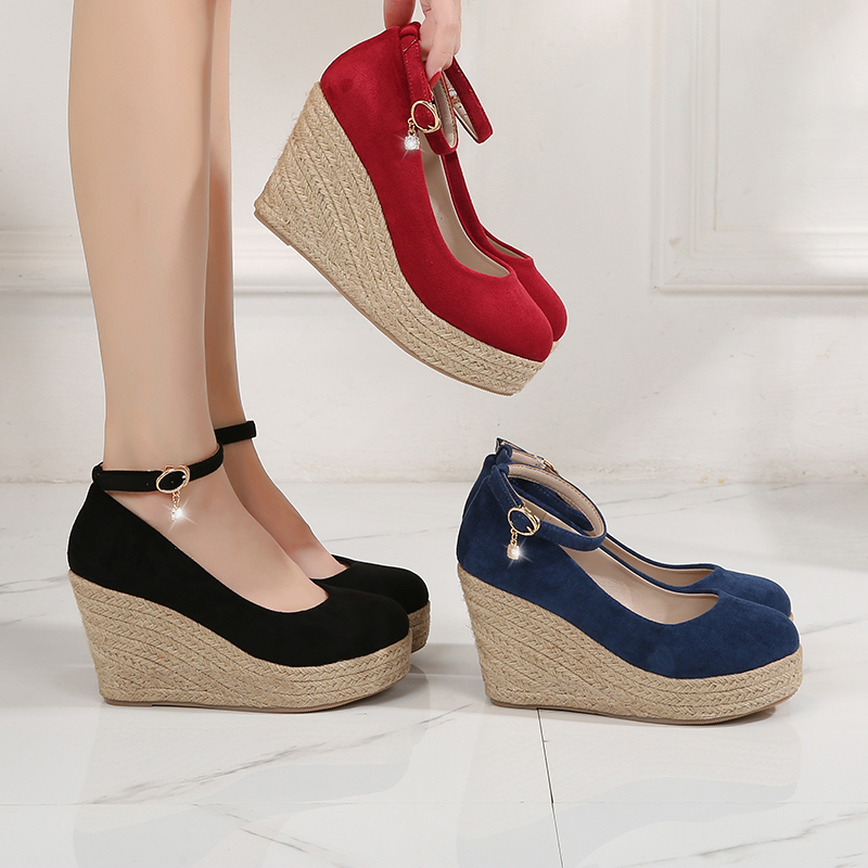 2025 Spring and Autumn New Wedge Heel Shoes Women's High Heel Single Shoes Red Lace-Up Shoes Genuine Leather Waterproof Platform Thick-Soled Platform Shoes